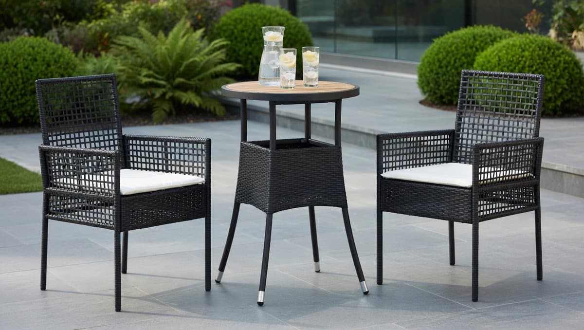 luxe 3 delige polyrattan tuinmeubelset zwart met tafel en 2 stoelen
