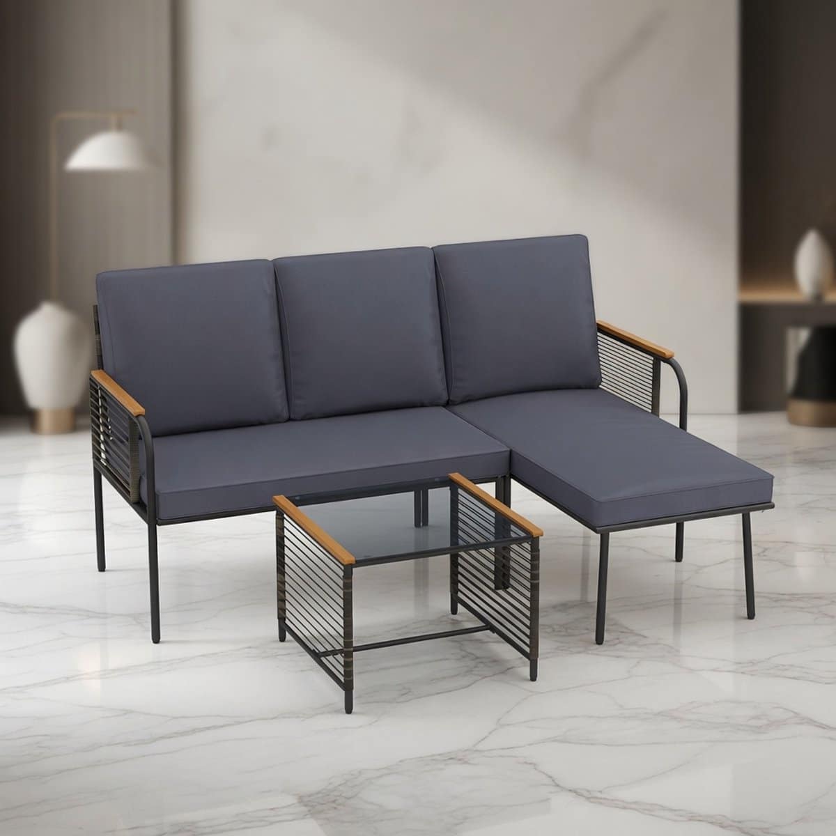 luxe 3 delige polyrotan hoek loungeset met tafel & kussens