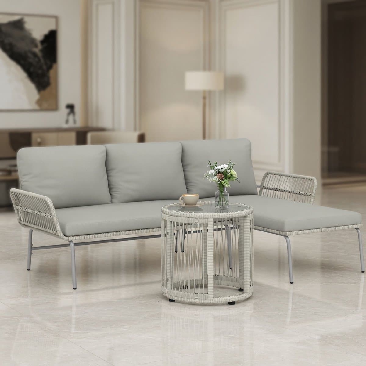 luxe 3 delige polyrotan loungeset met chaise longue, 2