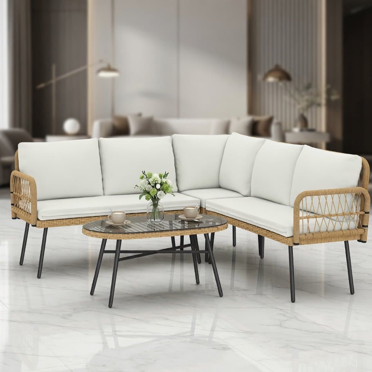 luxe 4 delige polyrotan hoek loungeset crèmewit medahomestore