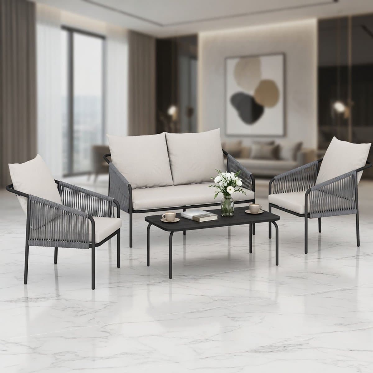 luxe 4 delige polyrotan tuin loungeset voor 4 personen