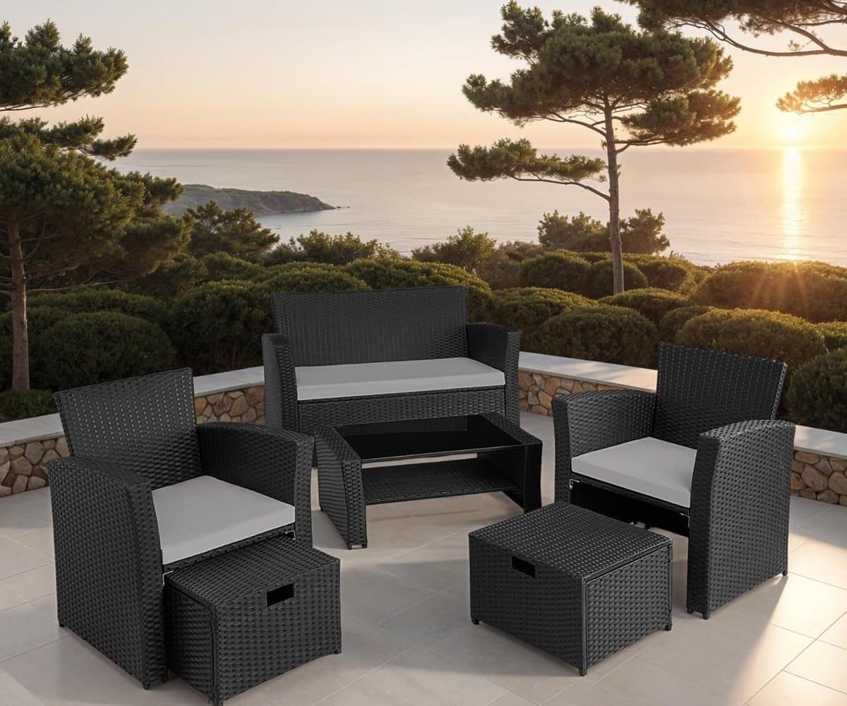 luxe 4 persoons poly rattan tuinloungeset met opbergruimte & krukken 129