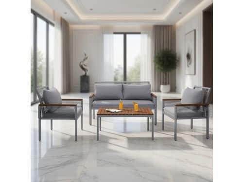 Luxe 4-persoons Tuinloungeset met Acaciahouten Tafel - Polyrotan Balkonset met