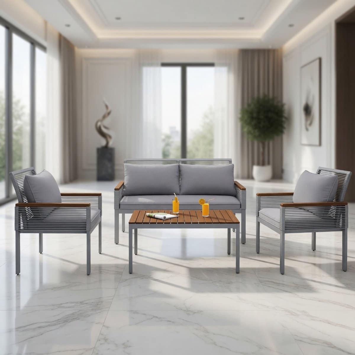 luxe 4 persoons tuinloungeset met acaciahouten tafel polyrotan balkonset met