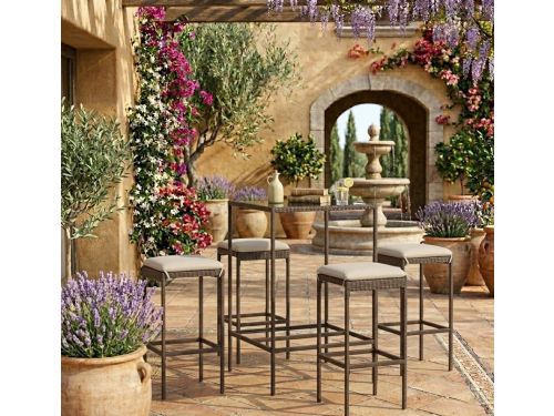 Luxe 5-delige Polyrattan Barset met Kussens, Bartafel en Barkrukken voor