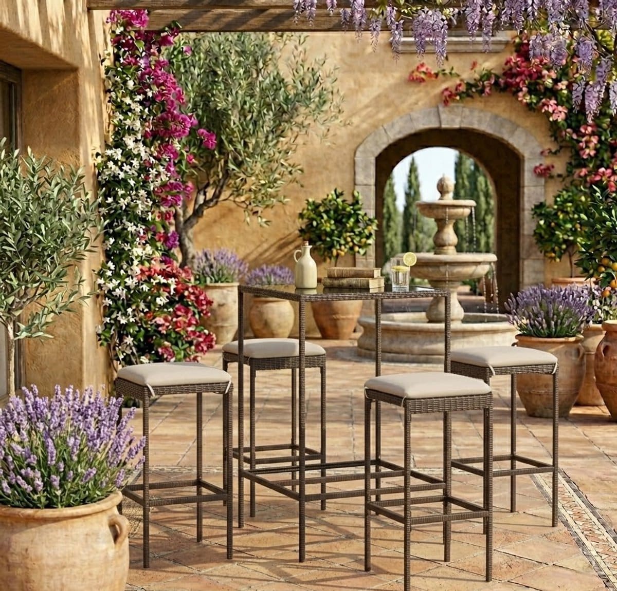 luxe 5 delige polyrattan barset met kussens, bartafel en barkrukken voor