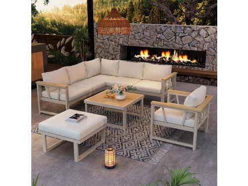 Luxe 7-Persoons Hoek Loungeset met Tafel en Hocker Khaki Beige