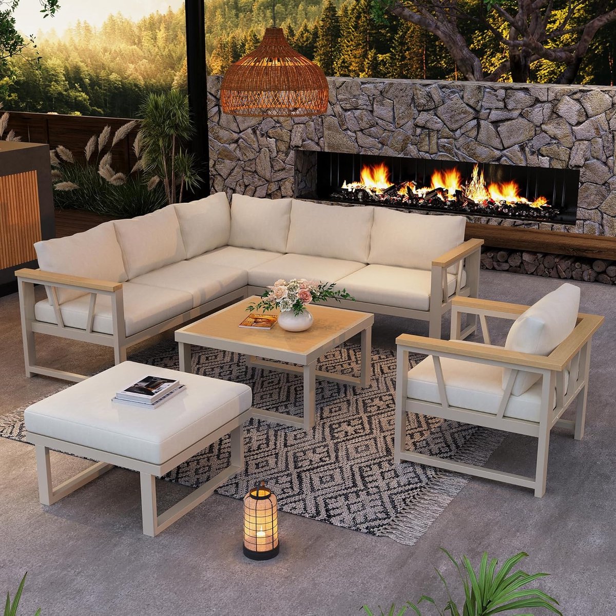 luxe 7 persoons hoek loungeset met tafel en hocker khaki beige