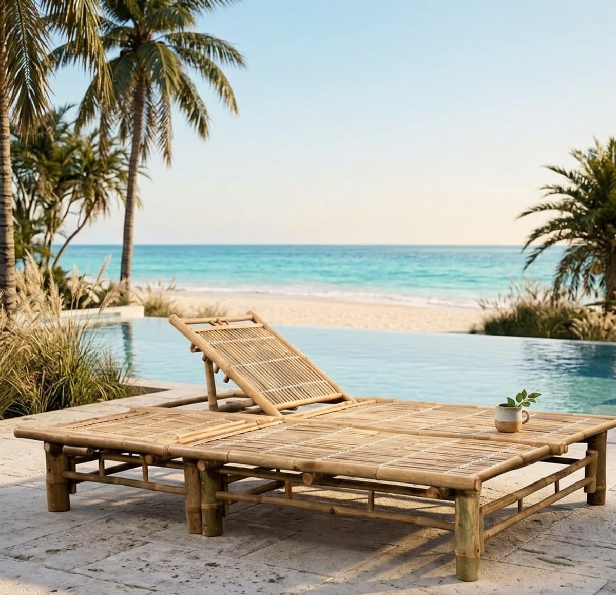 luxe dubbele bambus sun island relax ligbed met verstelbare rugleuningen