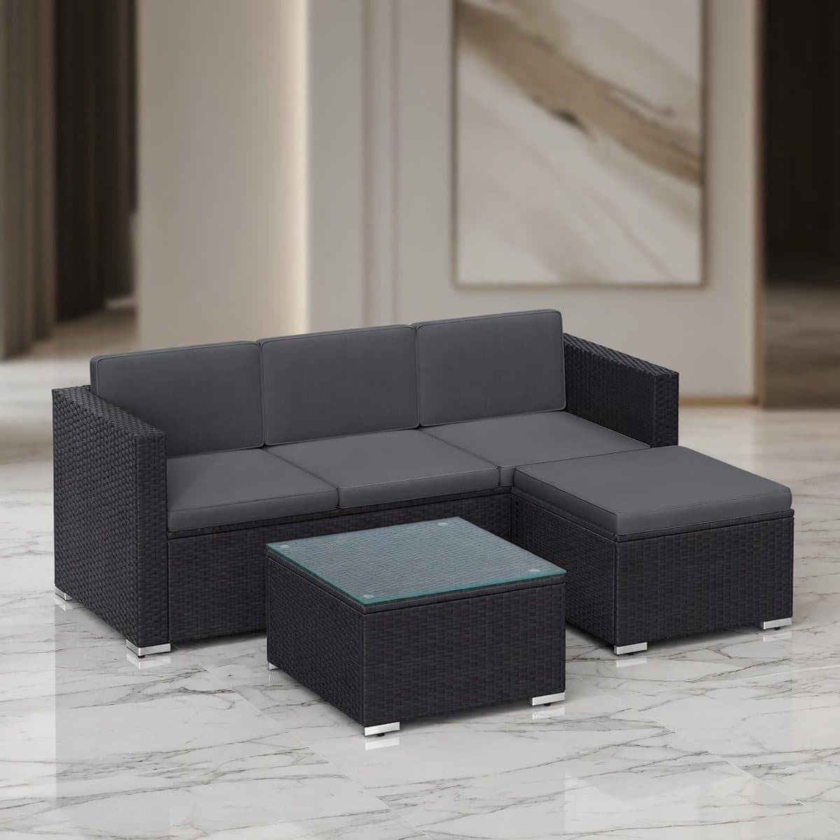 luxe hoek loungeset polyrotan met 3 zitsbank, hocker en glazen tafel