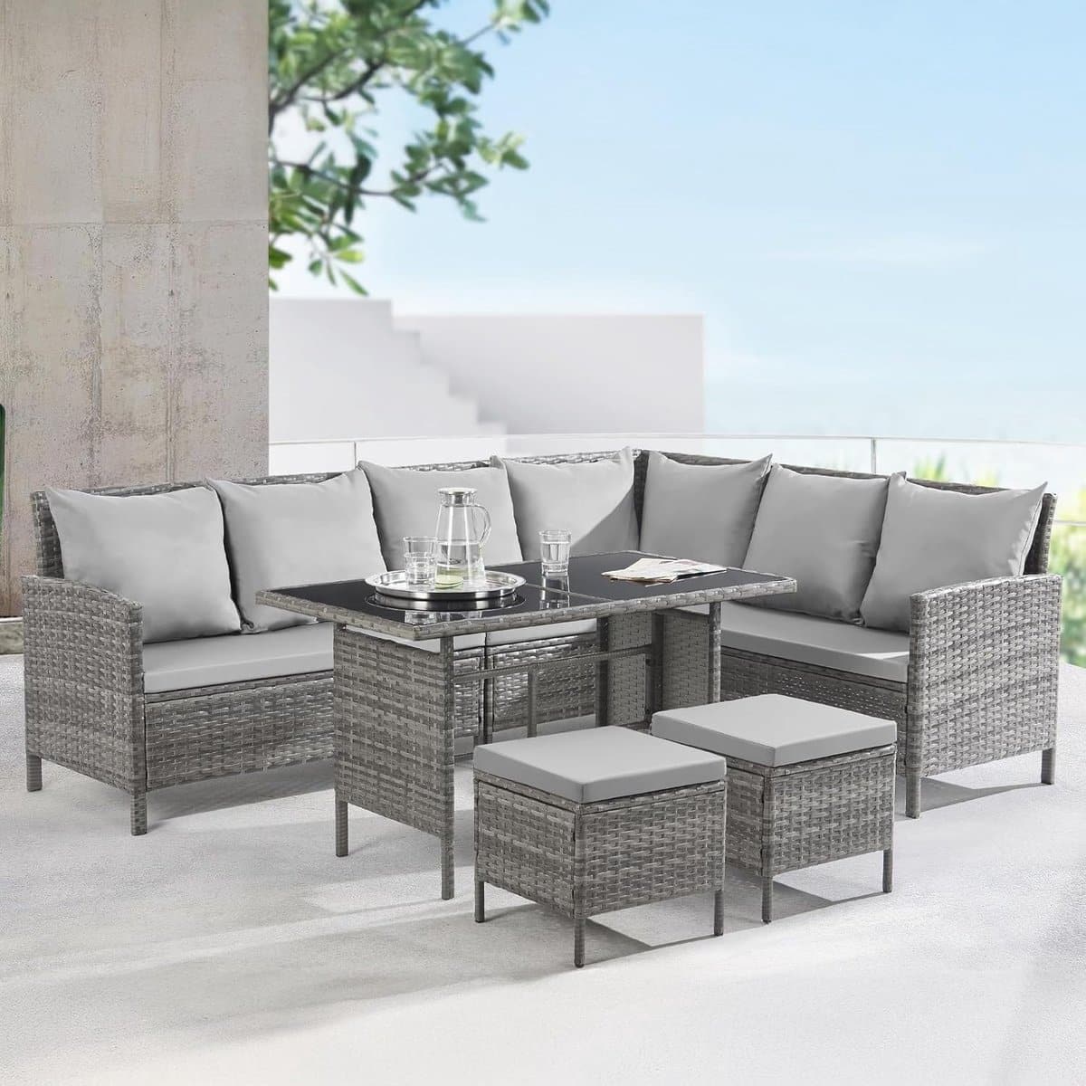 luxe madison poly rattan hoekbank loungeset met glazen tafel 233x167x80
