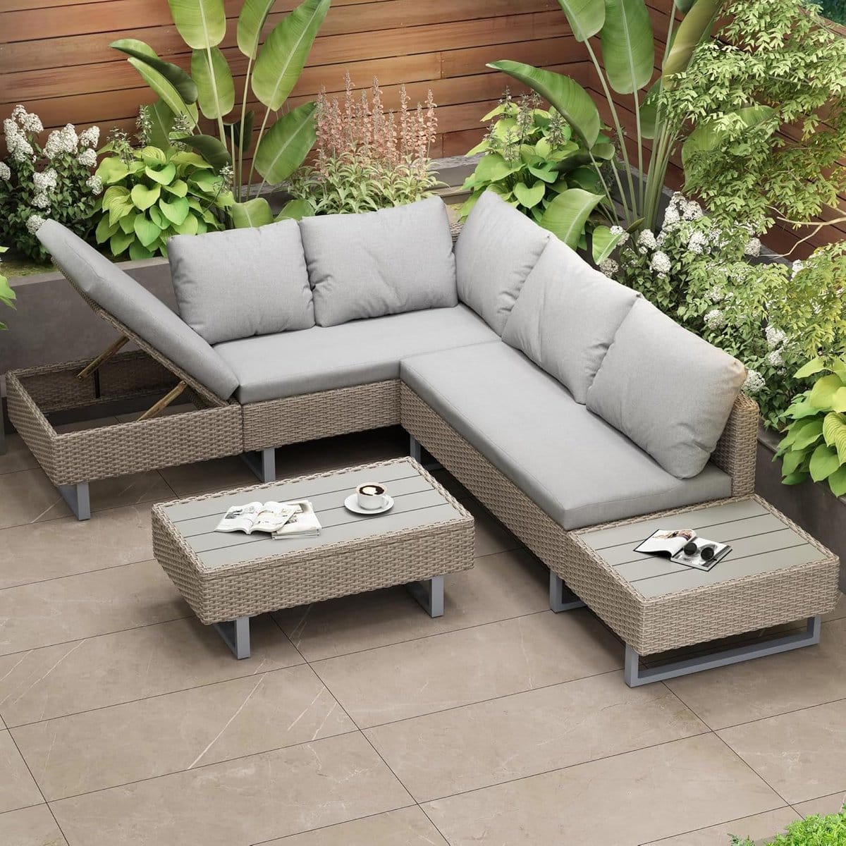 luxe modulaire polyrattan hoek loungeset met verstelbare rugleuning en salontafel