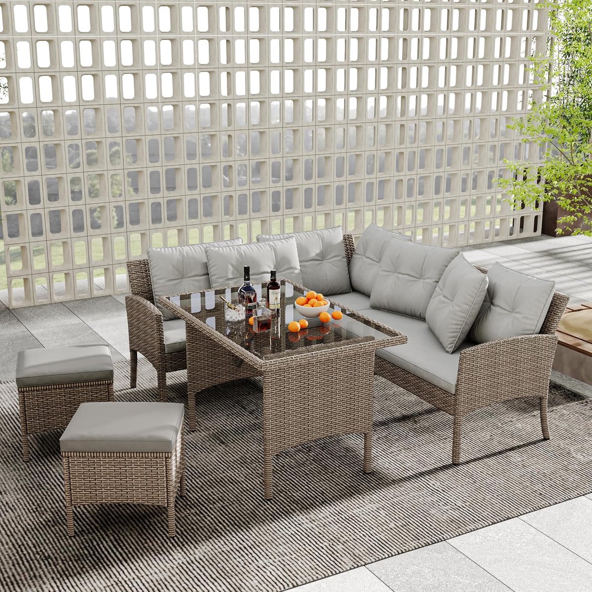 luxe polyrattan 7 persoons dining loungeset met tafel 144x51x78 cm