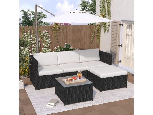 Luxe Polyrattan Hoek Loungeset met Glazen Tafel en Kussens