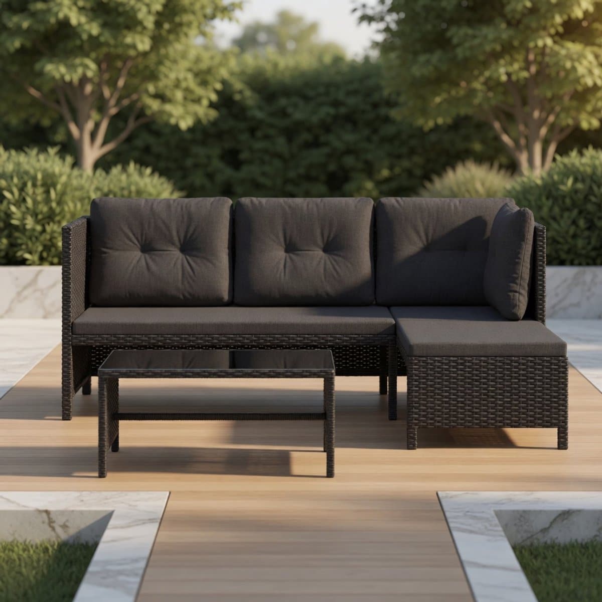 luxe polyrattan hoek loungeset met salontafel & dikke kussens 180×120