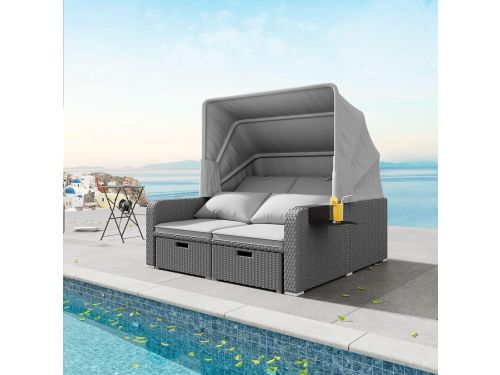 Luxe Polyrotan 2-Persoons Loungesofa met Uitschuifbaar Ligbed en Afneembaar Zonnedak
