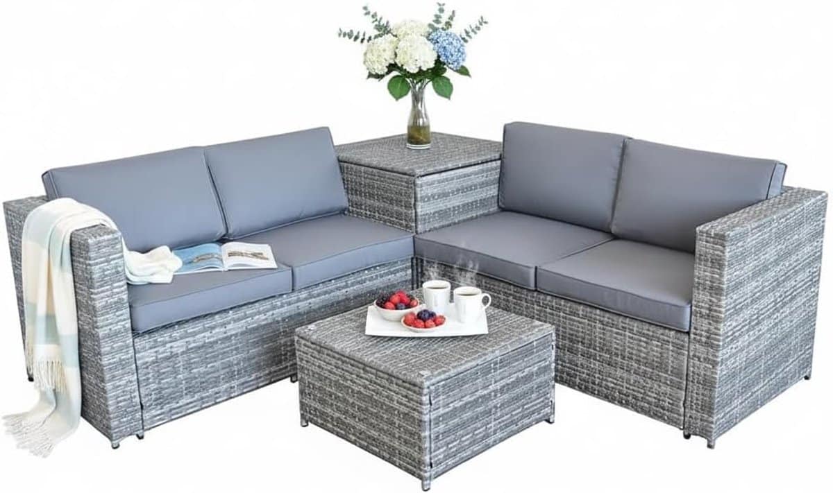 luxe polyrotan hoek loungeset 185×185 cm met kussenopbergbox