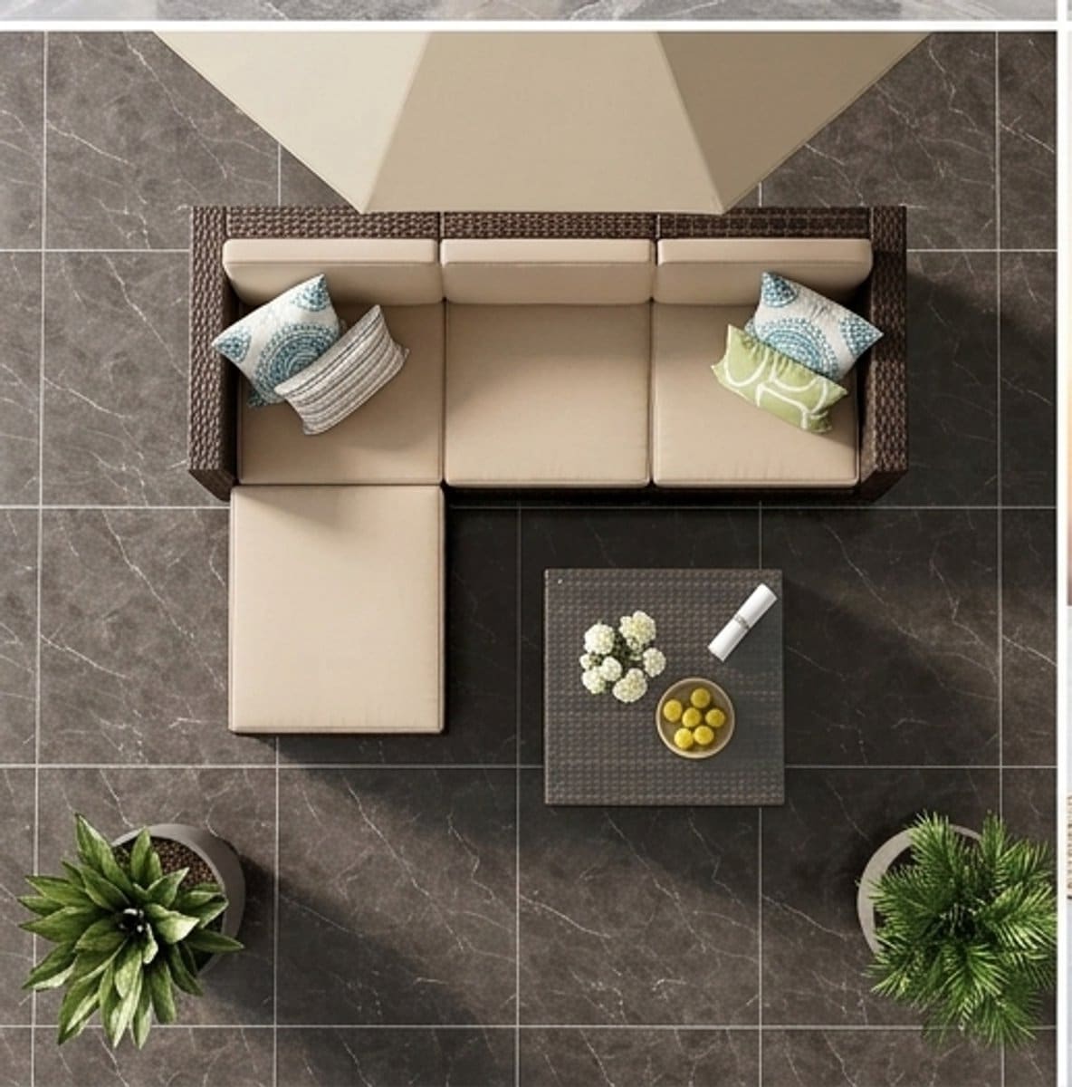 luxe polyrotan hoek loungeset met 3 zitsbank, hocker en glazen tafel