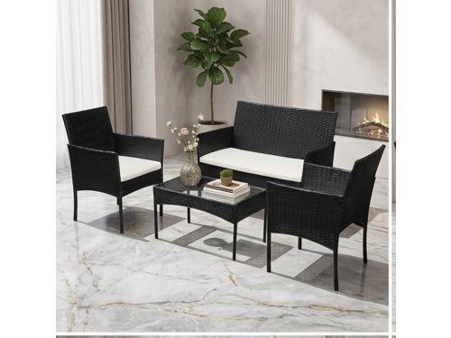 Luxe Polyrotan Loungeset 4-delig Zwart - Tuinmeubelset met Bank