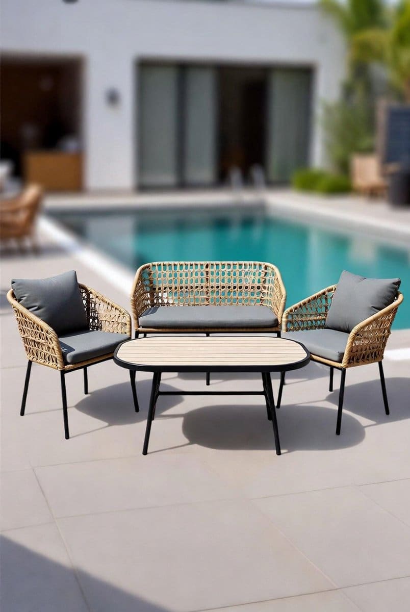 luxe polyrotan tuinset 4 persoons met bank, stoelen & glazen tafel