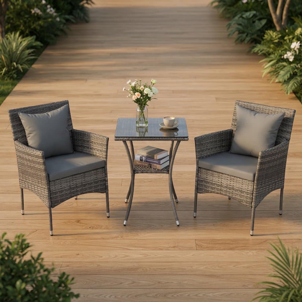 luxe rotan balkonset 3 delig met kussens & glazen tafel