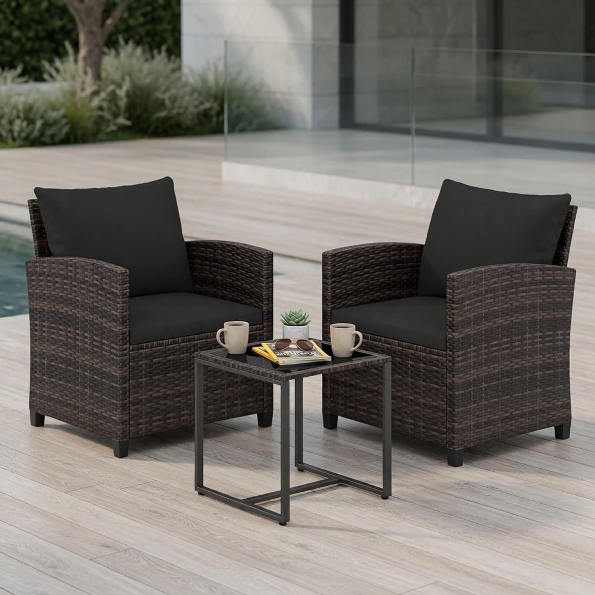 luxe rotan balkonset 3 delig met kussens & glazen tafel