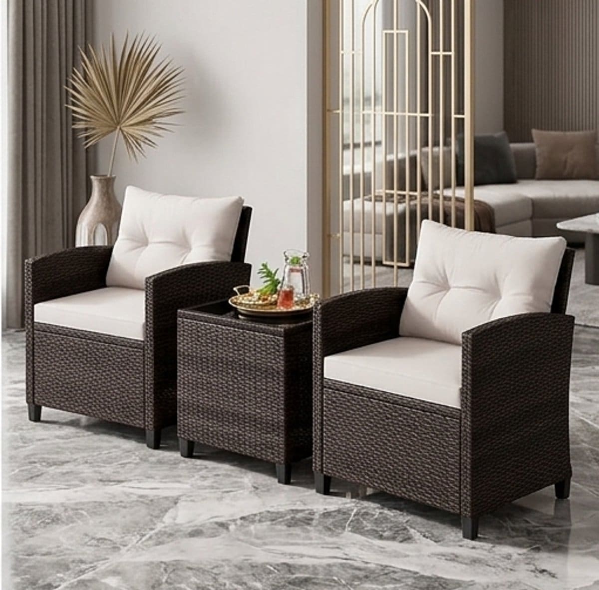 luxe rotan balkonset 3 delig met kussens & glazen tafel