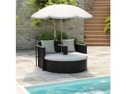 Luxe Solar Rattan Lounge Eiland met Parasol en Ligbed