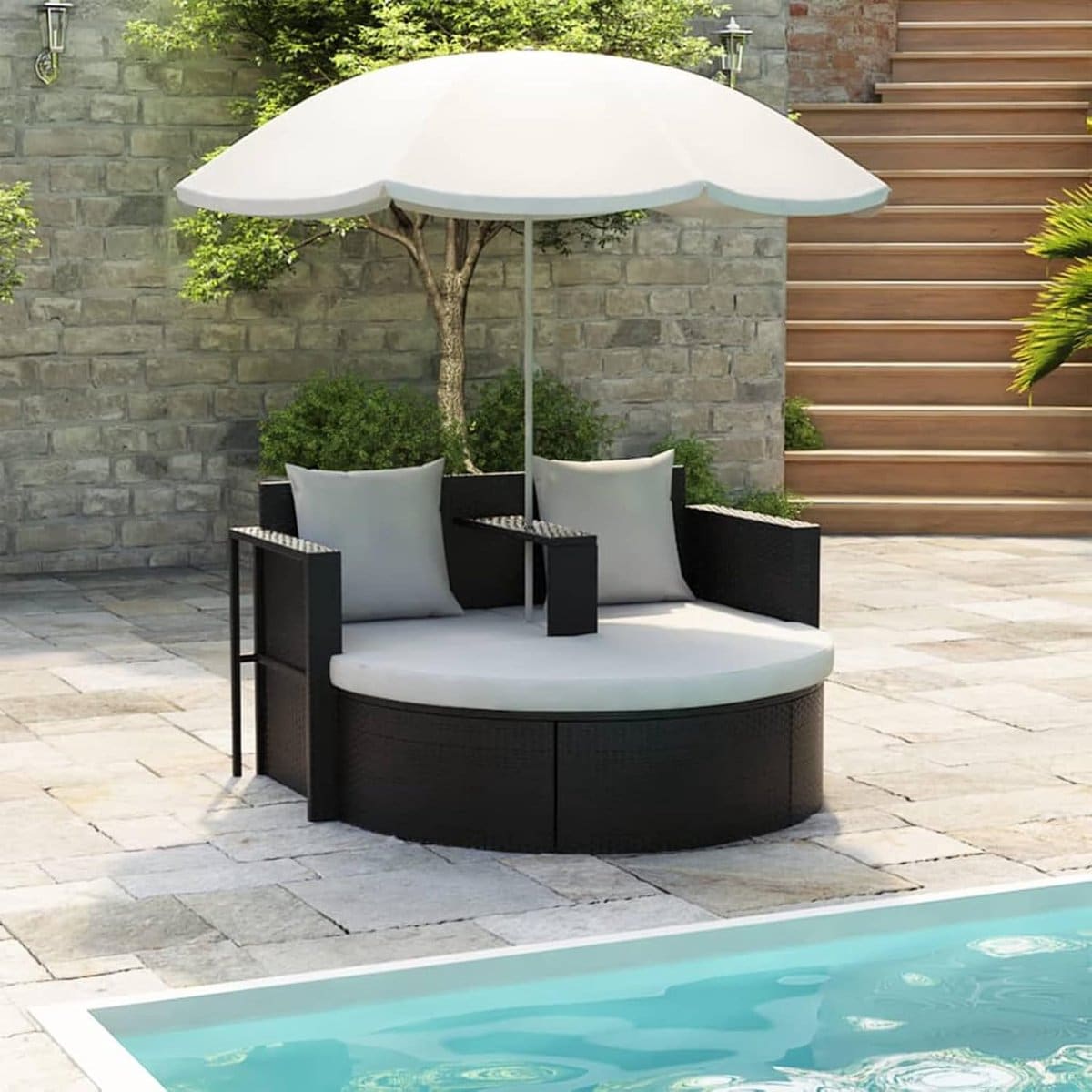 luxe solar rattan lounge eiland met parasol en ligbed