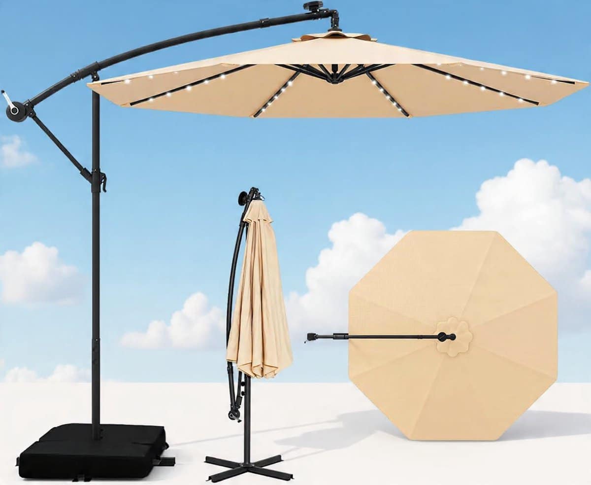 luxe zweefparasol Ø300 cm met led verlichting, kantelbaar & inclusief