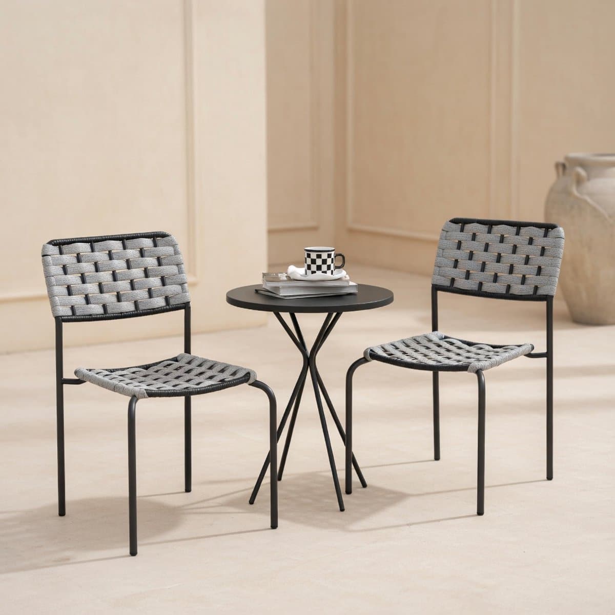 luxora 3 delige polyrattan balkonset voor 2 personen stapelbare stoelen