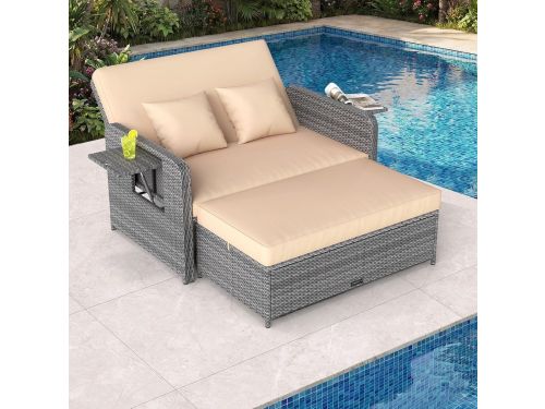 Luxora 3-in-1 Dubbel Rattan Ligbed met Verstelbare Rugleuning