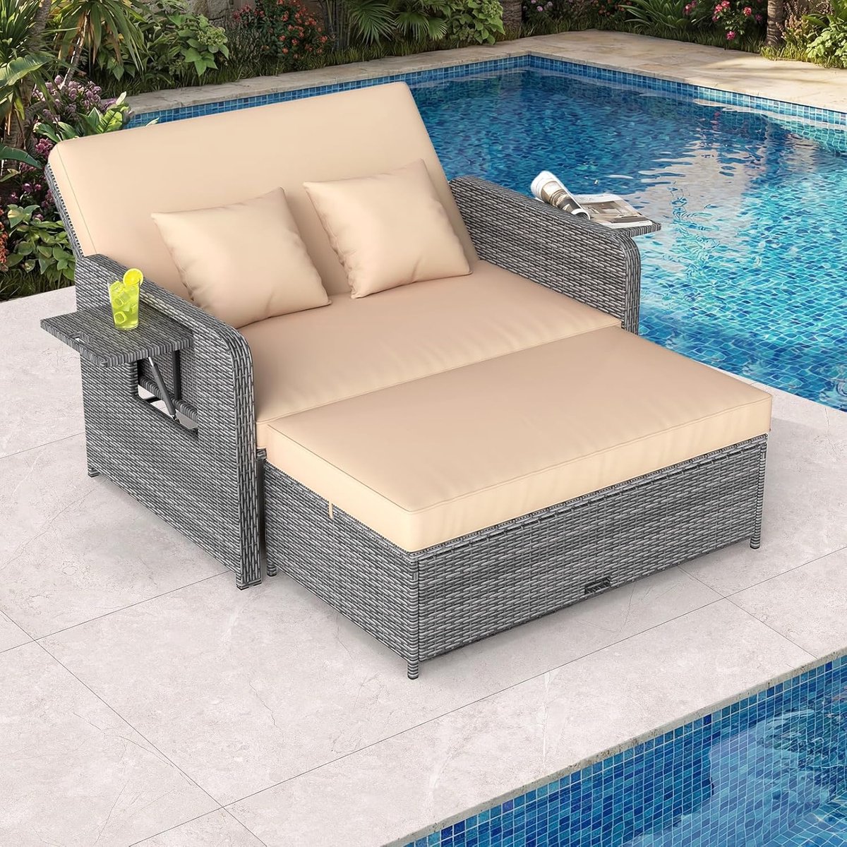 luxora 3 in 1 dubbel rattan ligbed met verstelbare rugleuning