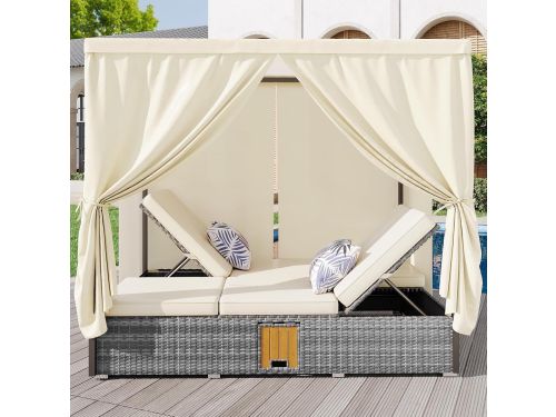 Luxora Premium Dubbel Rotan Zonne-eiland Ligbed 187x128x186 cm met Gordijn