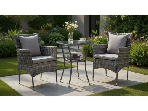 Luxueuze 3-delige Polyrotan Tuinmeubelset met Glazen Tafel en Comfortabele Kussens