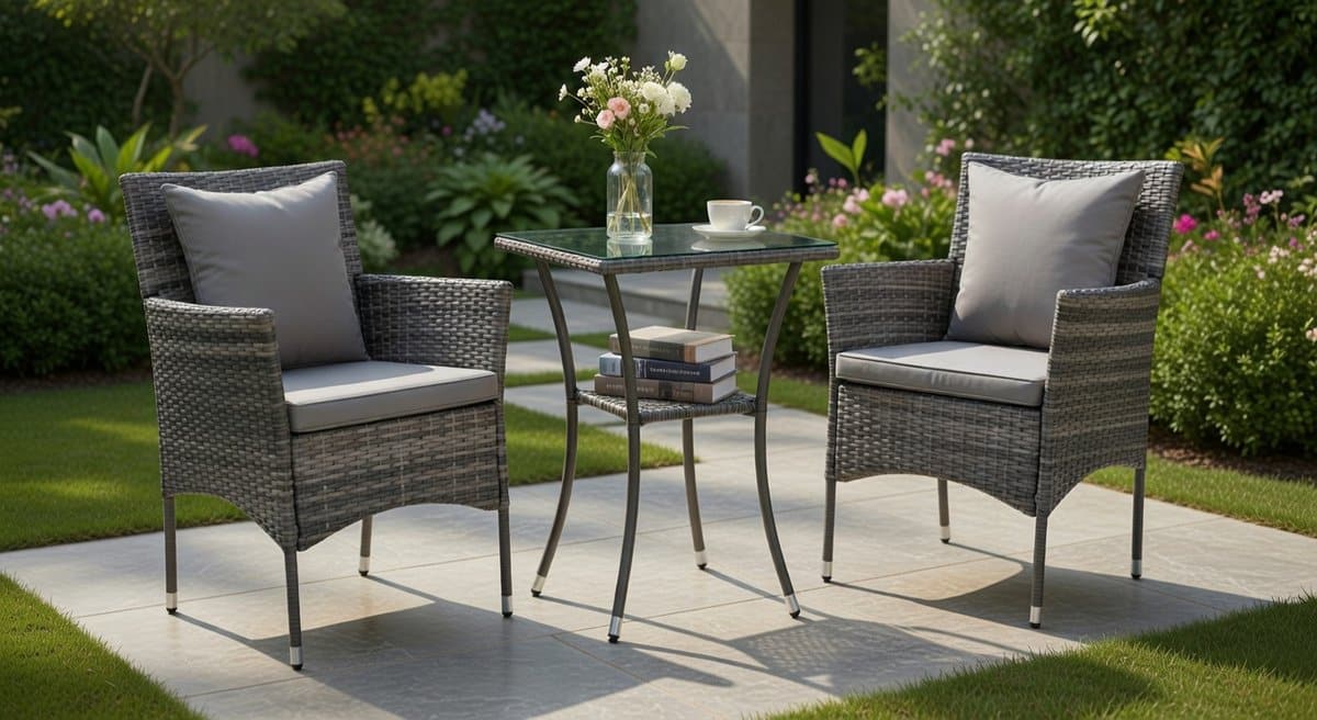 luxueuze 3 delige polyrotan tuinmeubelset met glazen tafel en comfortabele kussens