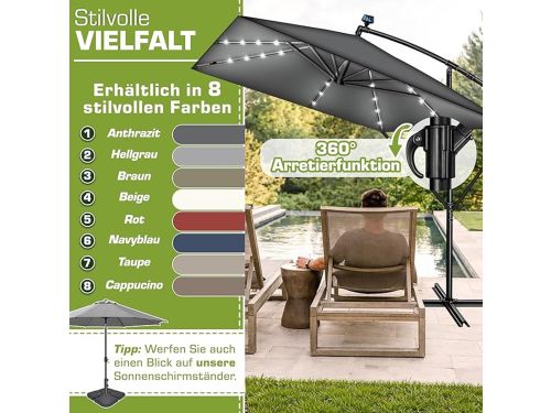 Luxueuze 330x330 cm Aluminium Zweefparasol met LED Verlichting en Windbescherming