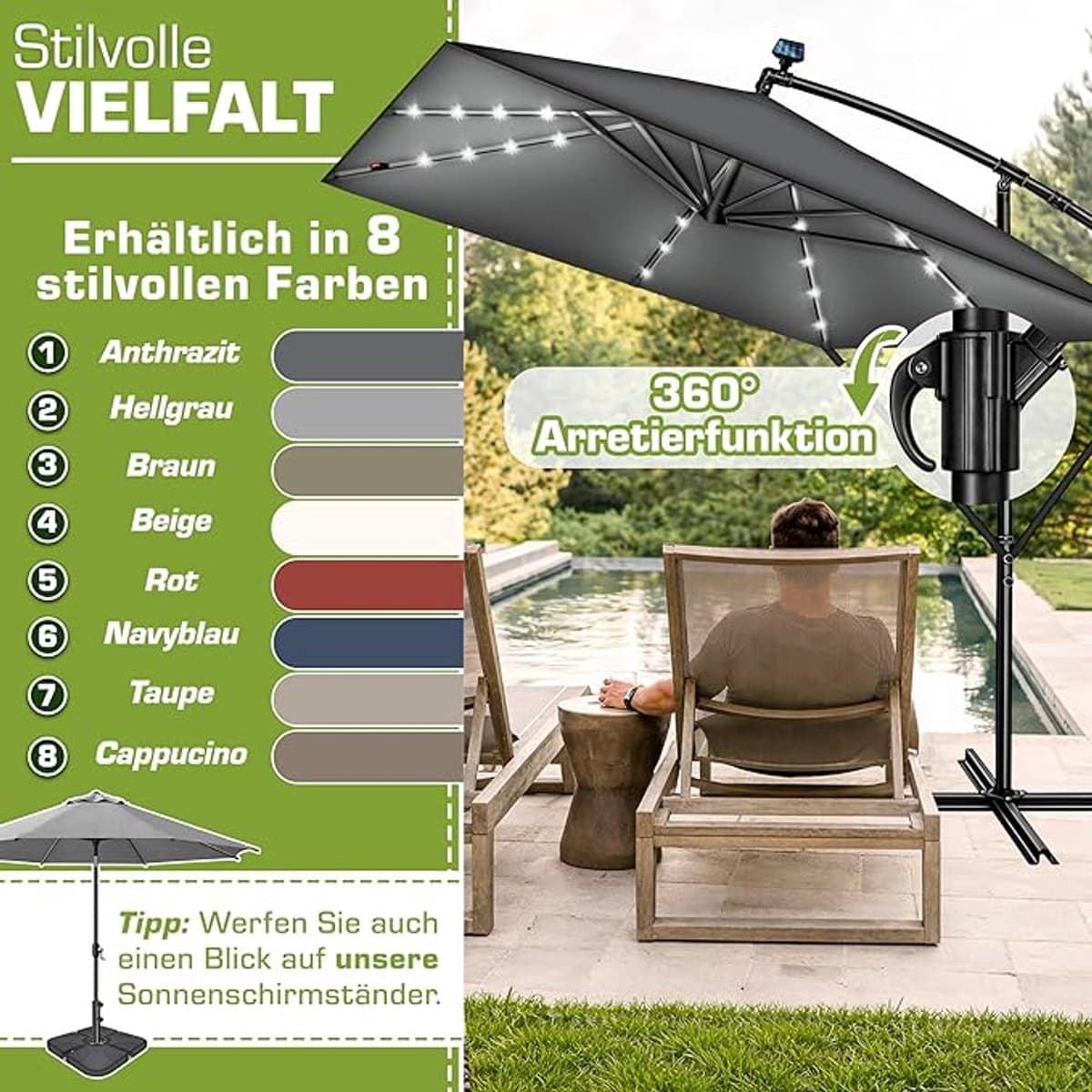 luxueuze 330×330 cm aluminium zweefparasol met led verlichting en windbescherming