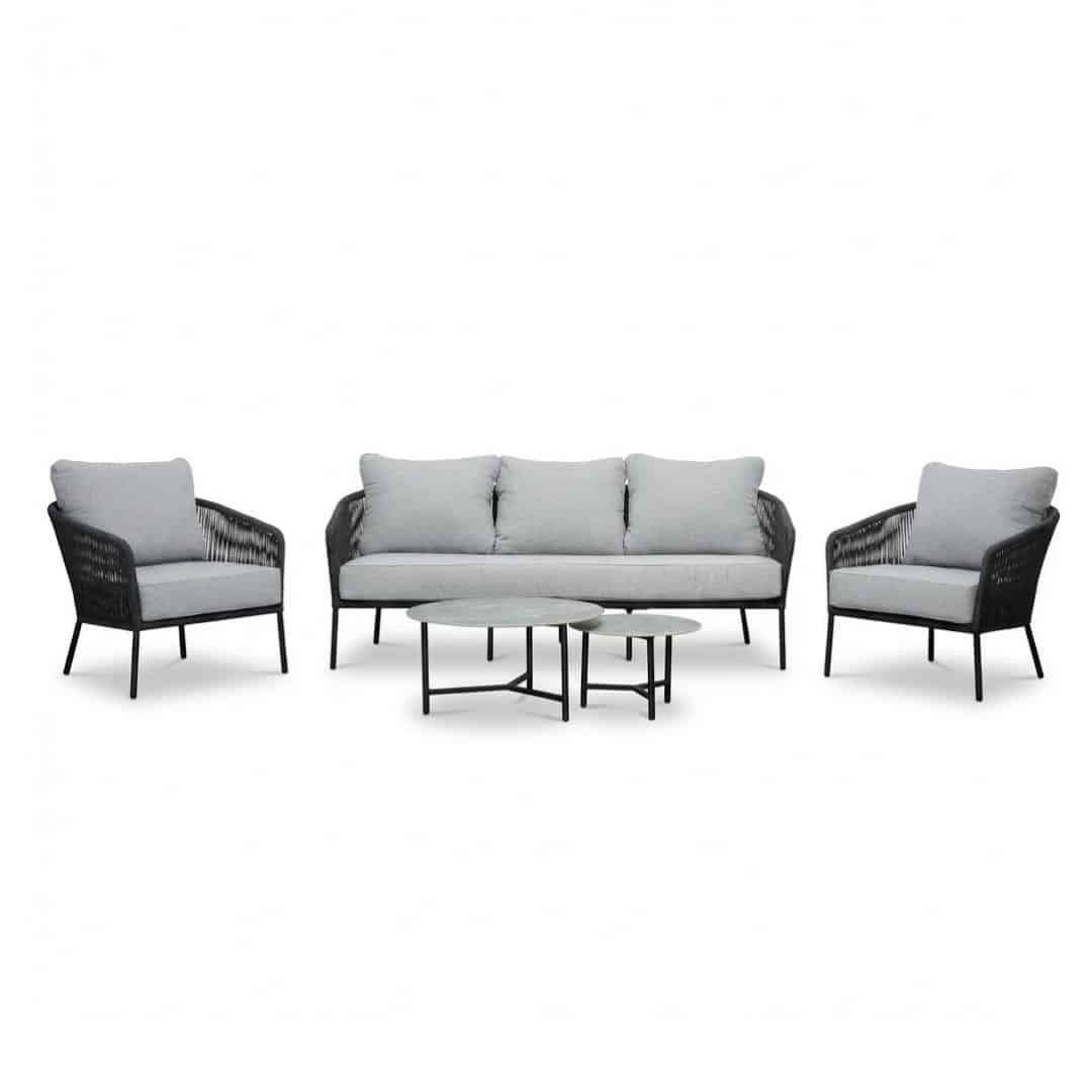 mara stoel bank loungeset 5 personen incl. logan tafels | touw + aluminium | stone grey | 5 delig