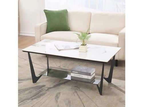 Moderne Koffietafel met Marmerlook - Vierkante Middentafel met Metalen Poten