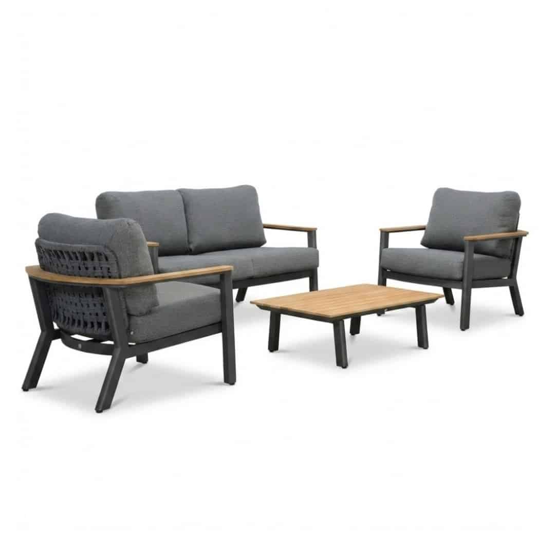 montana stoel bank loungeset 4 personen incl. tafel | aluminium + teak | antraciet | 4 delig