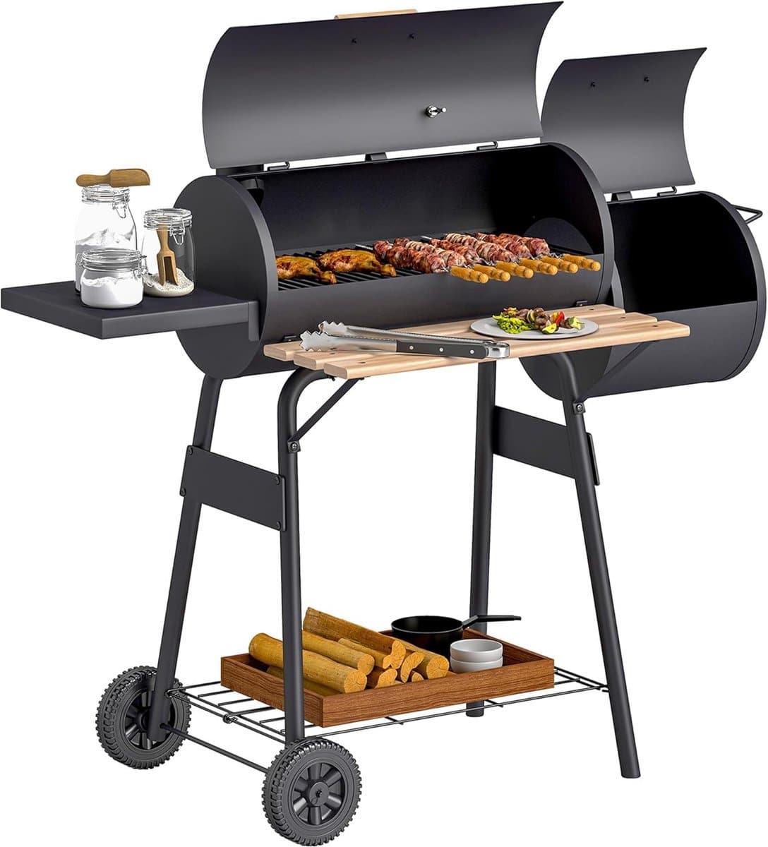 multifunctionele houtskool bbq roker met dubbele verbrandingskamer