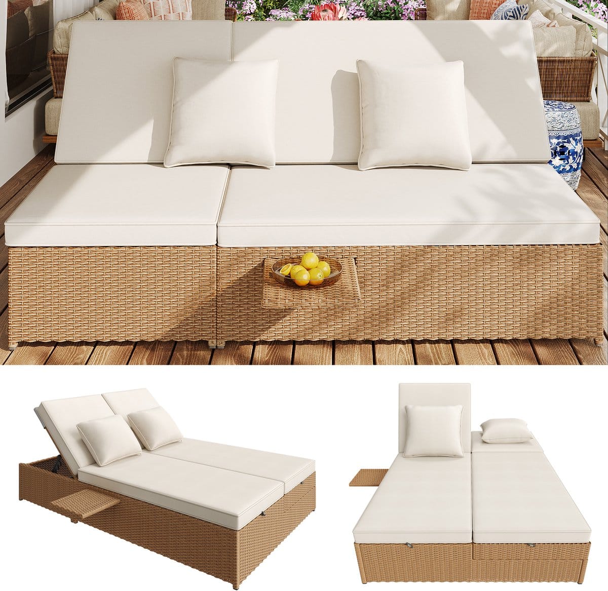 outdoor ligbed dubbel rieten lounge set weerbestendig opklapbaar met witte kussens voor balkon tuin terras