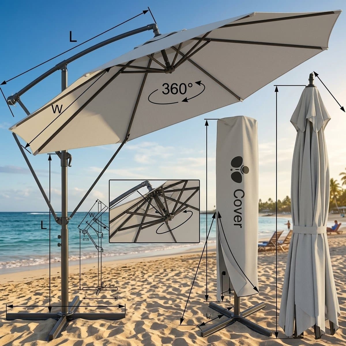 parasol 300×300 cm zweefparasol vierkant 360° draaibaar, kantelbaar