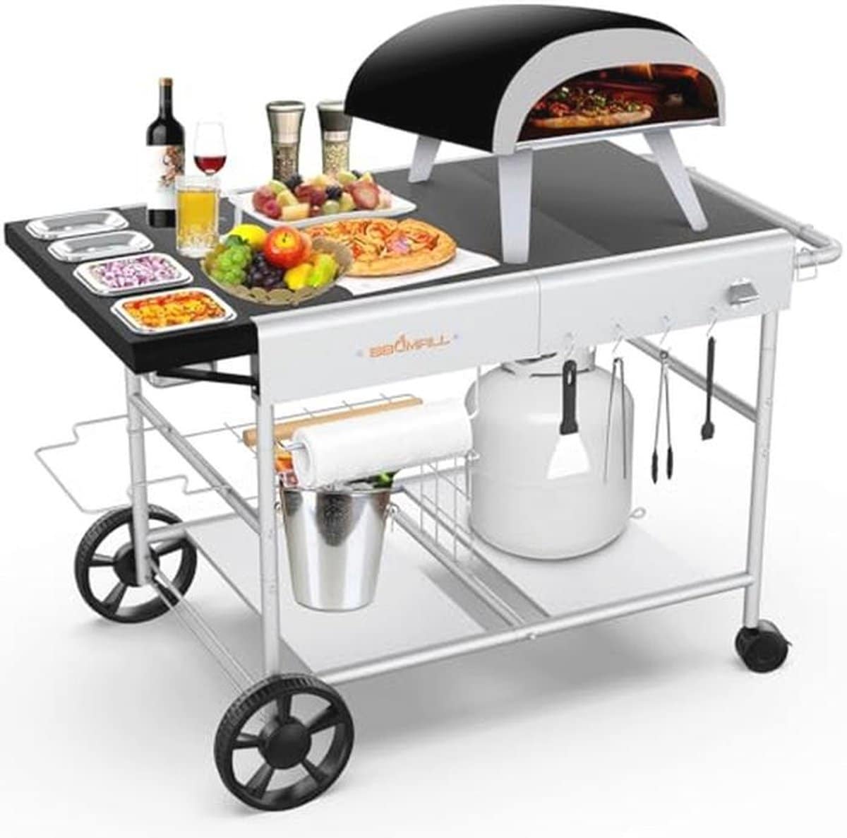 pizza oven grill tafel met beweegbaar topping station voor buiten