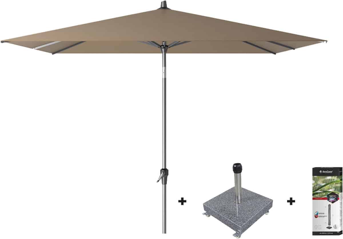 platinum riva stokparasol 2.5×2.5 taupe met voet en hoes