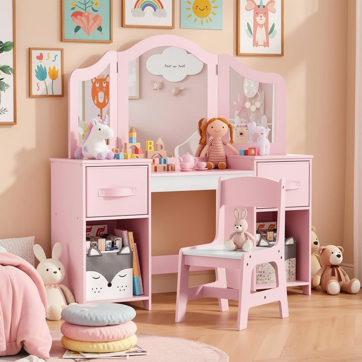 princess dream 2 in 1 kinder kaptafel & bureau met afneembare spiegel