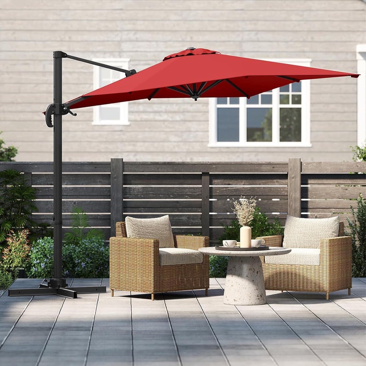 rechthoekige zweefparasol 250×250 cm met 360° draaifunctie, kantelbaar met slinger