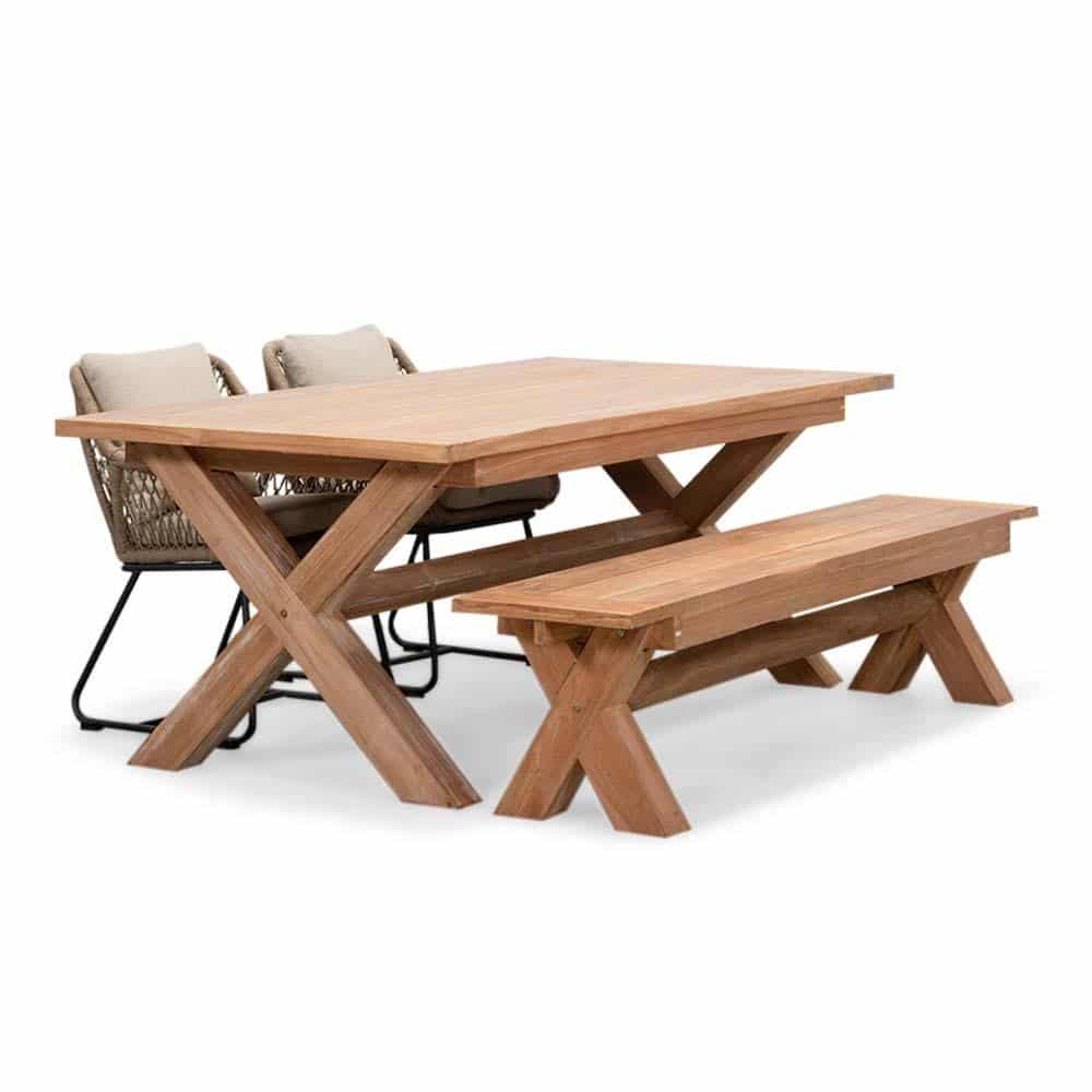 riga/portofino sahara dust stoel bank dining tuinset | 4 personen | hardhout + touw | 200cm