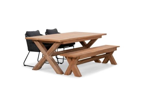 Riga/Ropera Lava Grey stoel-bank dining tuinset | 4 personen | hardhout + touw | 200cm